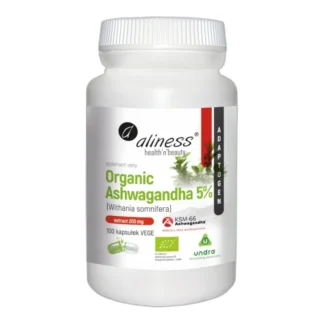Aliness Organic ASHWAGANDHA 5% KSM-66 100 kaps VEGE Adaptogen PAMIĘĆ STRES — zdjęcie 1